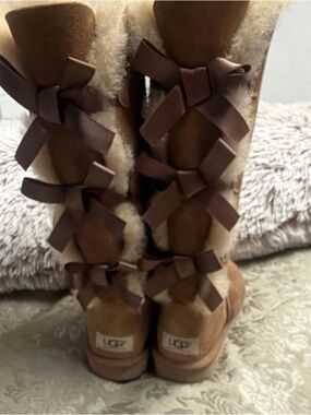 UGG Chestnut Suede Tall Boots with Bow Back